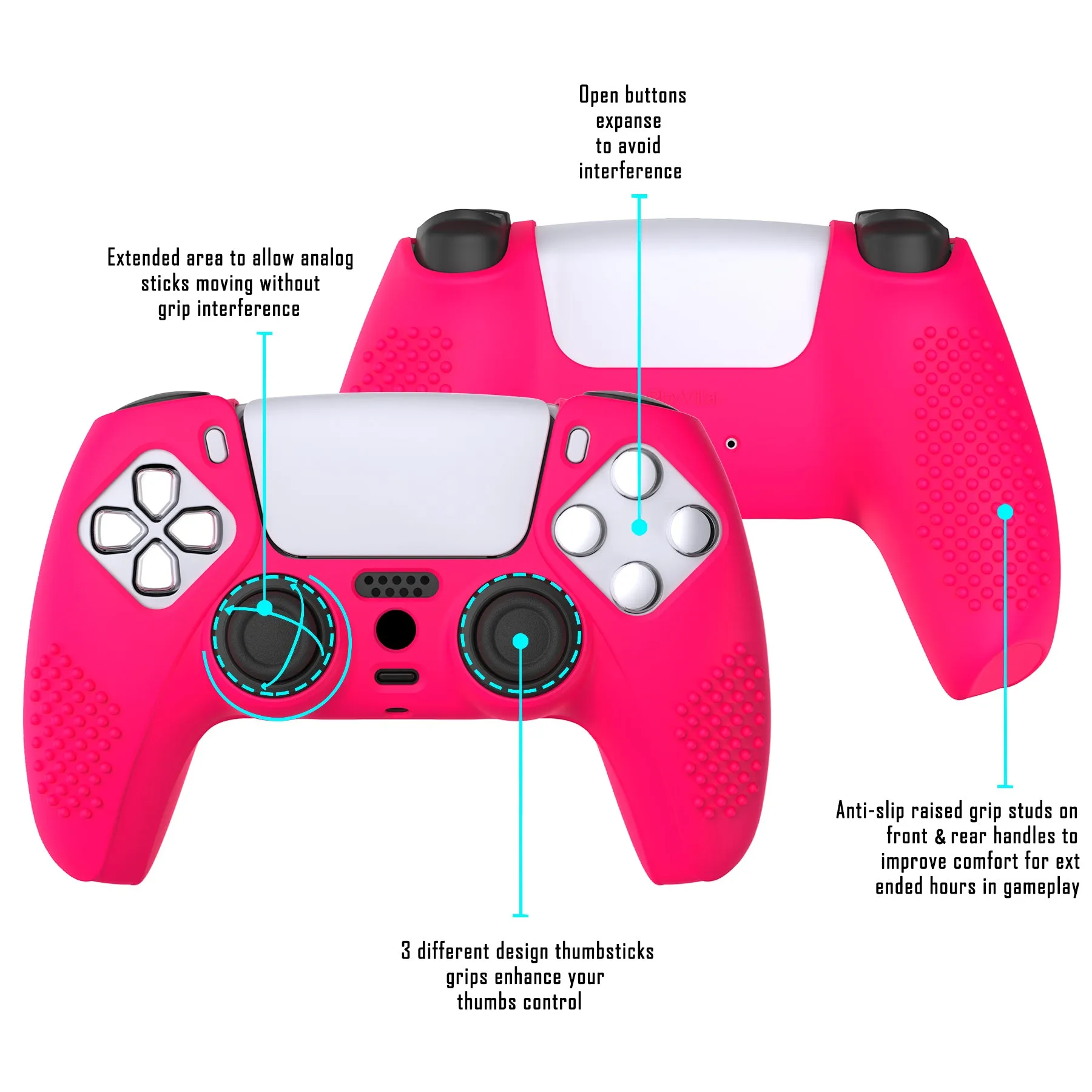 PlayVital 3D Studded Bright Pink Ergonomic Soft Controller Silicone Case Grips for PS5, Rubber Protector Skins with 6 Black Thumbstick Caps for PS5 Controller - TDPF025