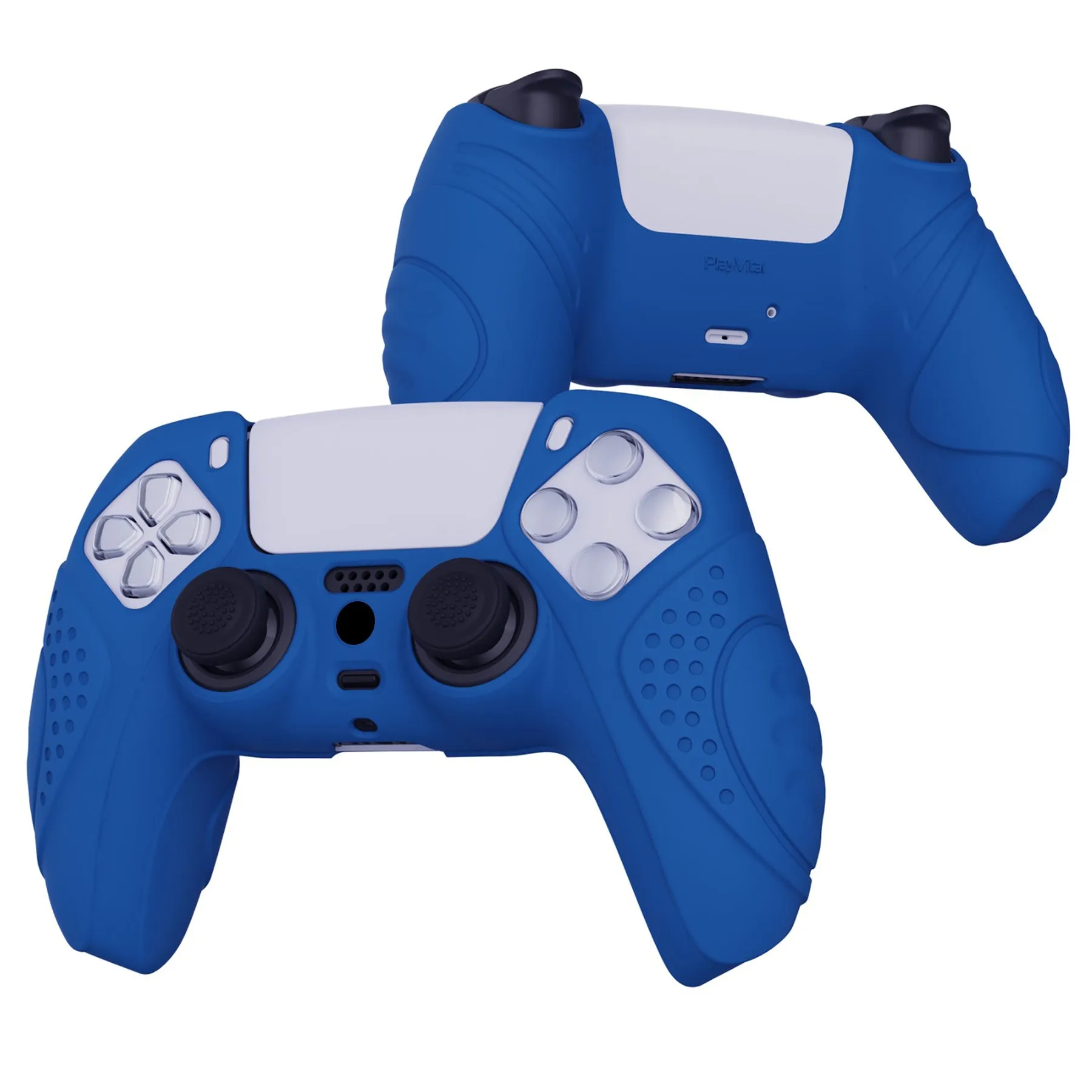 PlayVital Guardian Edition Blue Ergonomic Soft Anti-slip Controller Silicone Case Cover, Rubber Protector Skins with Black Joystick Caps for PS5 Controller - YHPF008