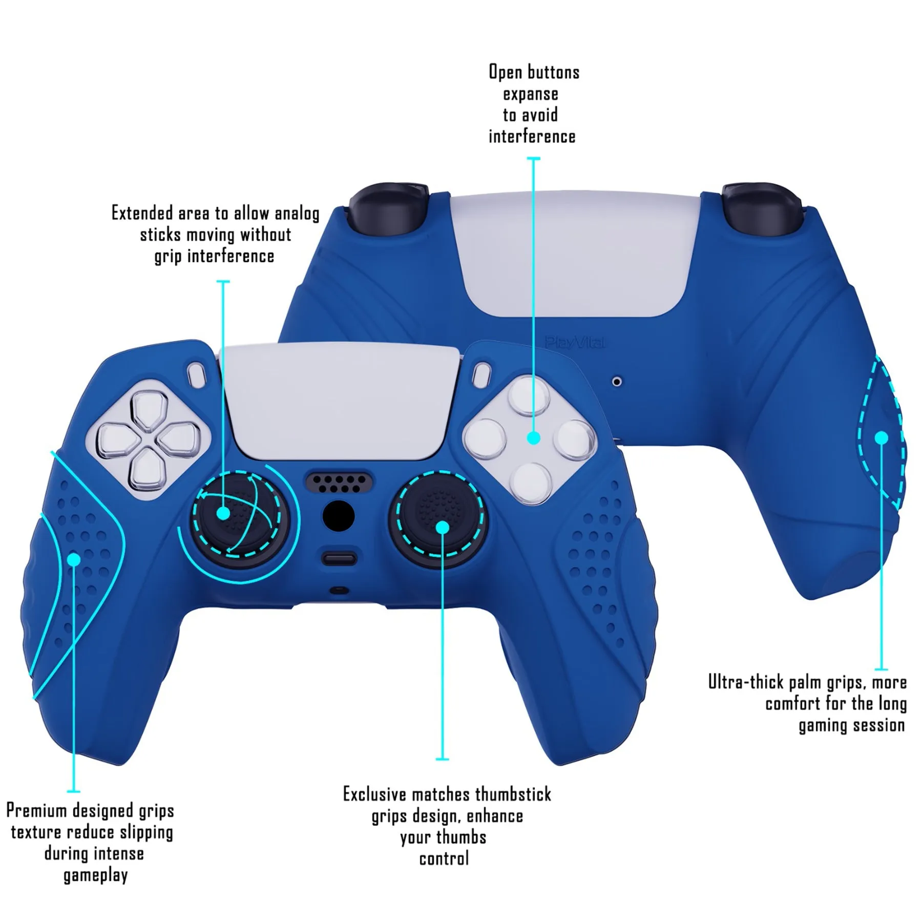 PlayVital Guardian Edition Blue Ergonomic Soft Anti-slip Controller Silicone Case Cover, Rubber Protector Skins with Black Joystick Caps for PS5 Controller - YHPF008