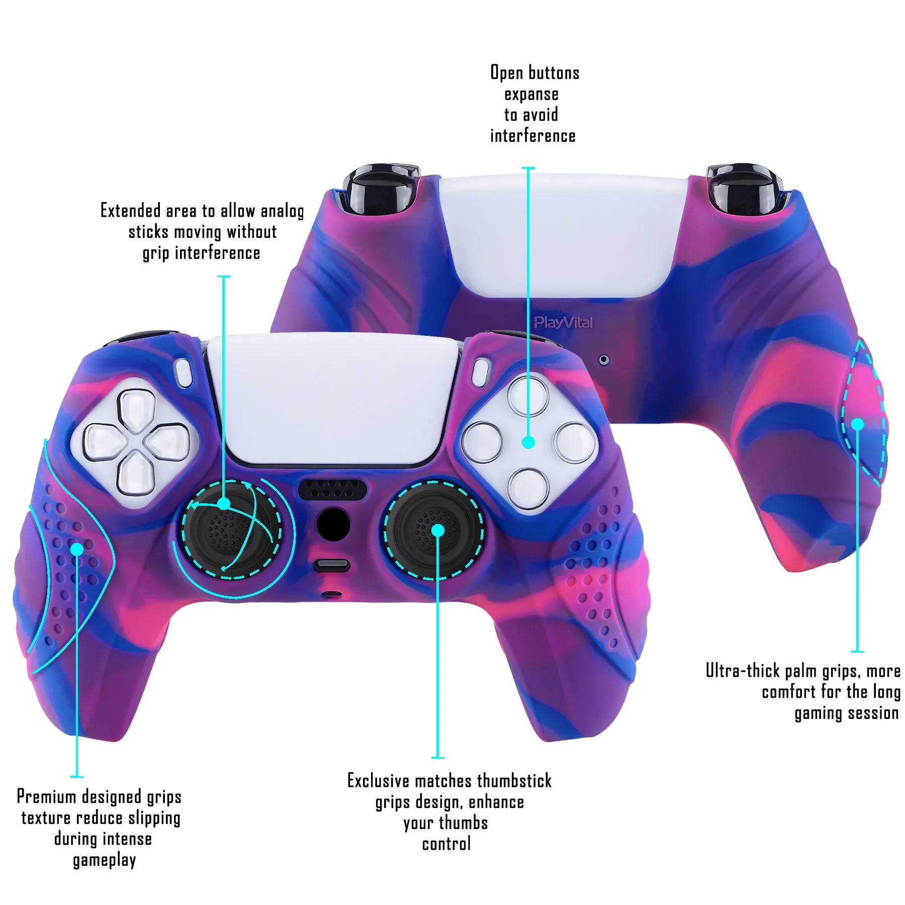 PlayVital Guardian Edition Ergonomic Soft Anti-Slip Controller Silicone Case Cover for ps5, Rubber Protector Skins with Black Joystick Caps for ps5 Controller - Pink & Purple & Blue - YHPF019