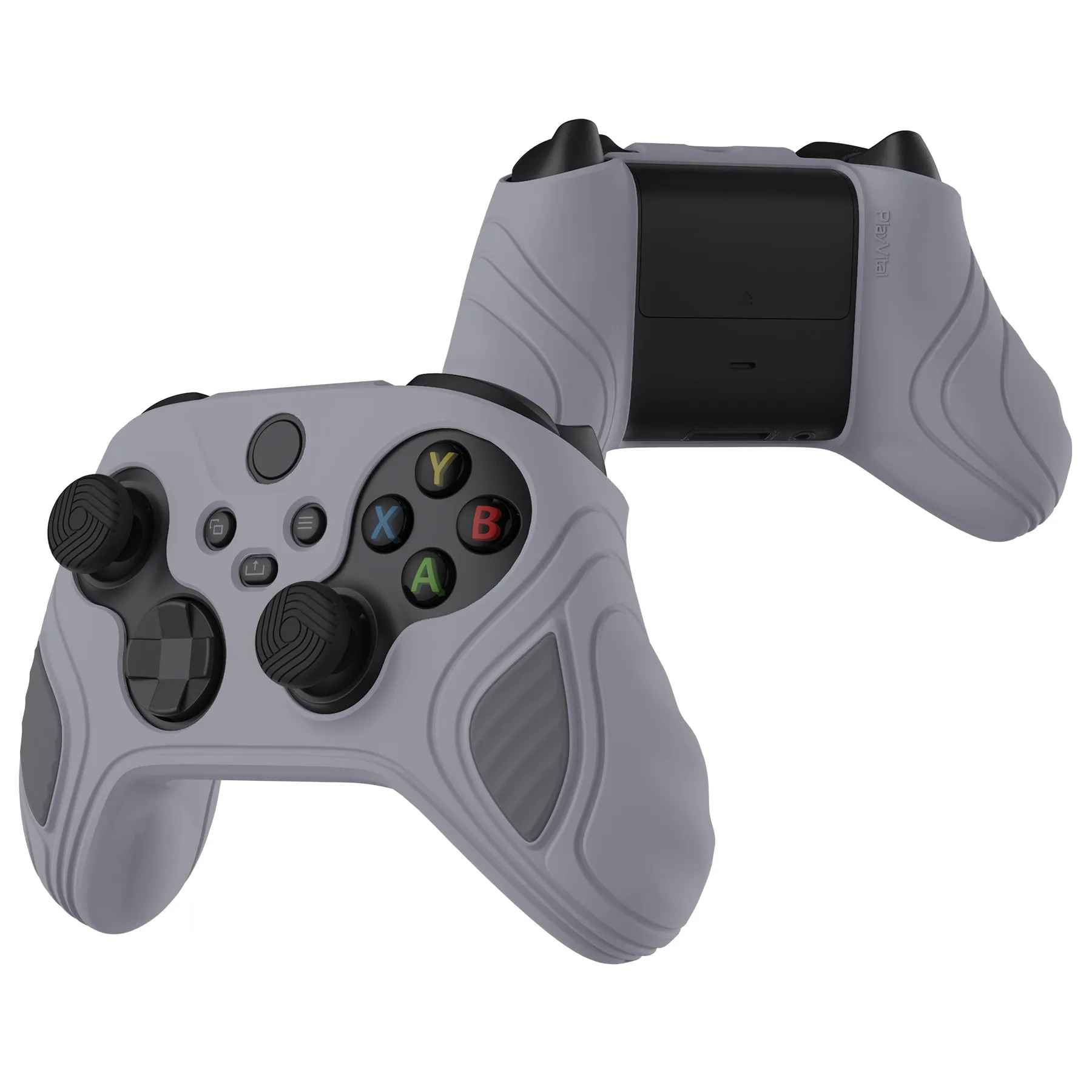 PlayVital Scorpion Edition Two-Tone Anti-Slip Silicone Case Cover for Xbox Series X/S Controller, Soft Rubber Case for Xbox Core Controller with Thumb Grip Caps - Metallic Gray & Dark Gray - SPX3006