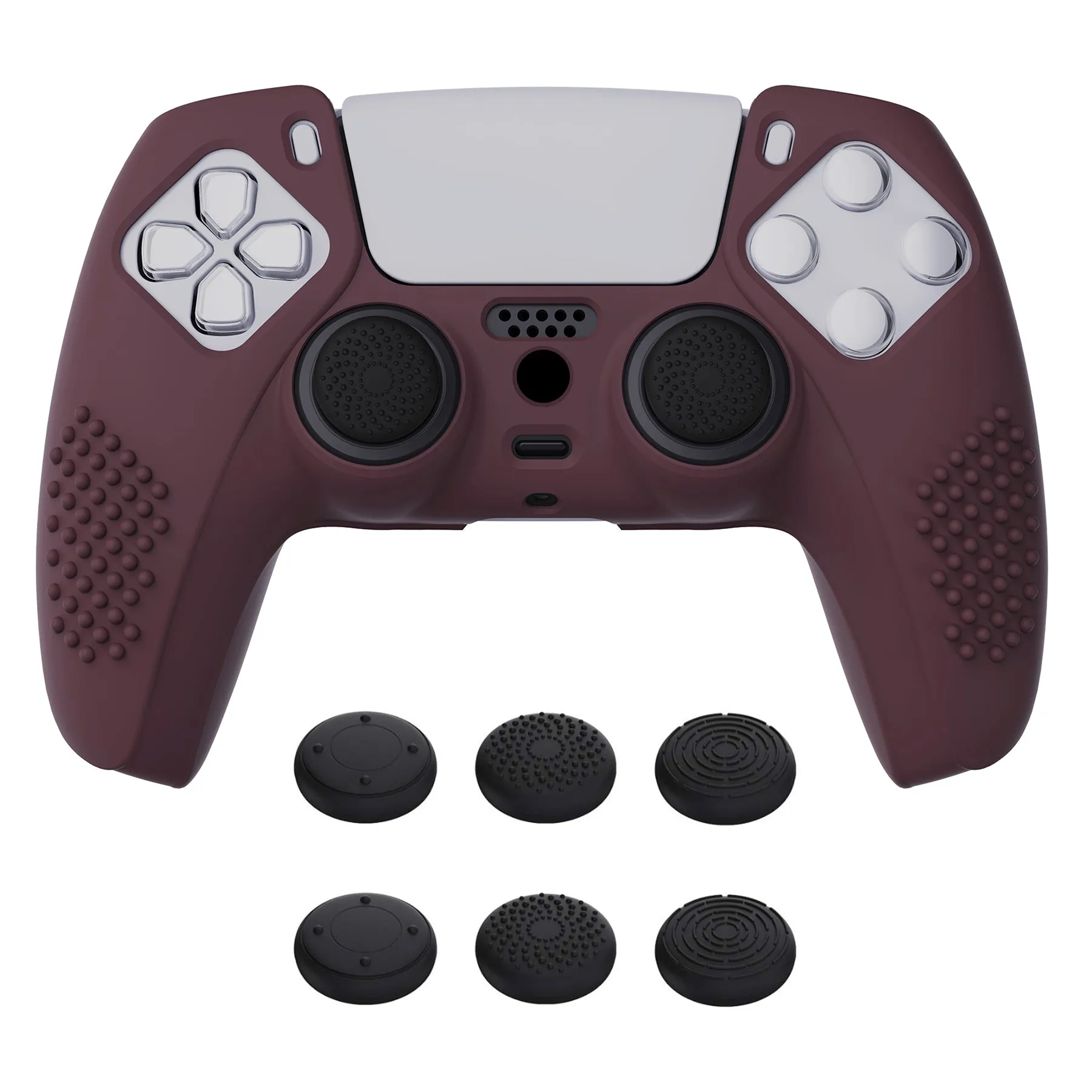 PlayVital Wine Red 3D Studded Edition Anti-slip Silicone Cover Skin for 5 Controller, Soft Rubber Case Protector for PS5 Wireless Controller with 6 Black Thumb Grip Caps - TDPF011