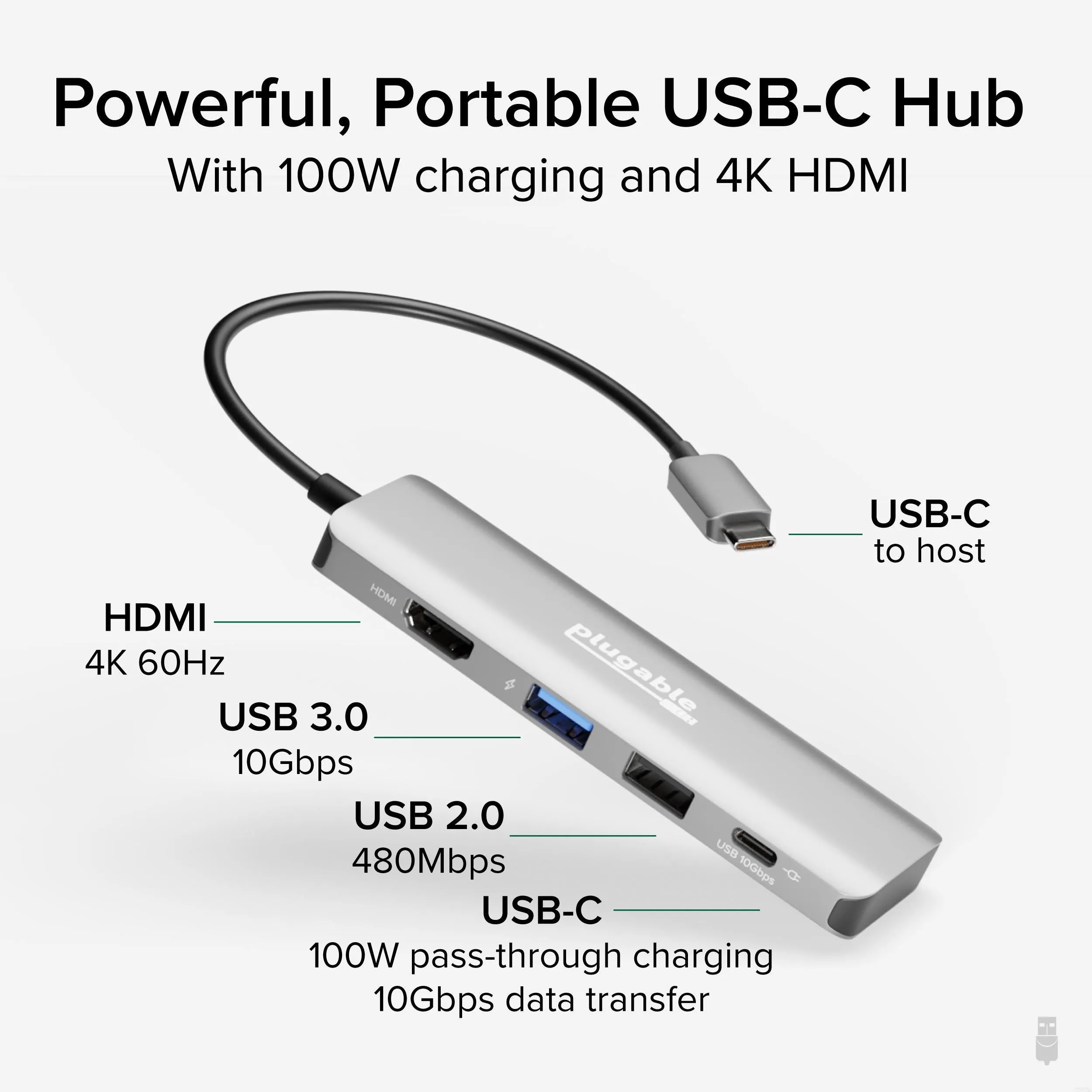 Plugable 4-in-1 USB-C Hub with 4K HDMI, 100W Charging