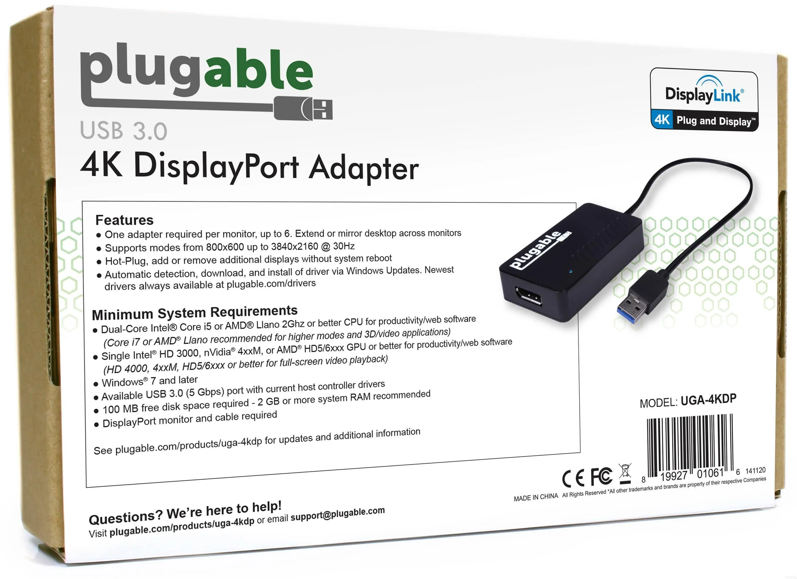 Plugable USB 3.0 4K DisplayPort Adapter for Multiple Monitors