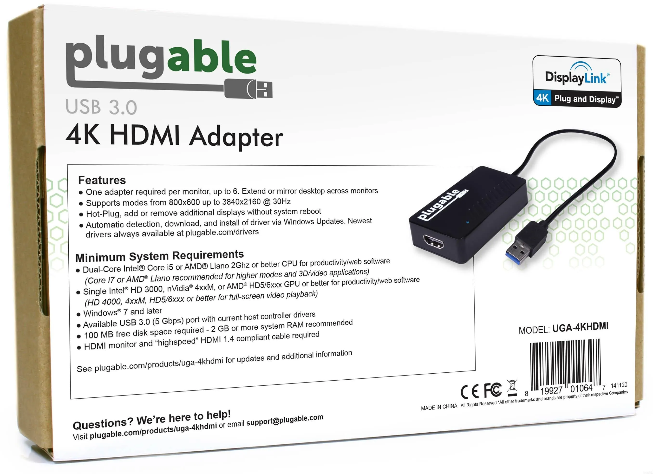 Plugable USB 3.0 4K HDMI Adapter for Multiple Monitors