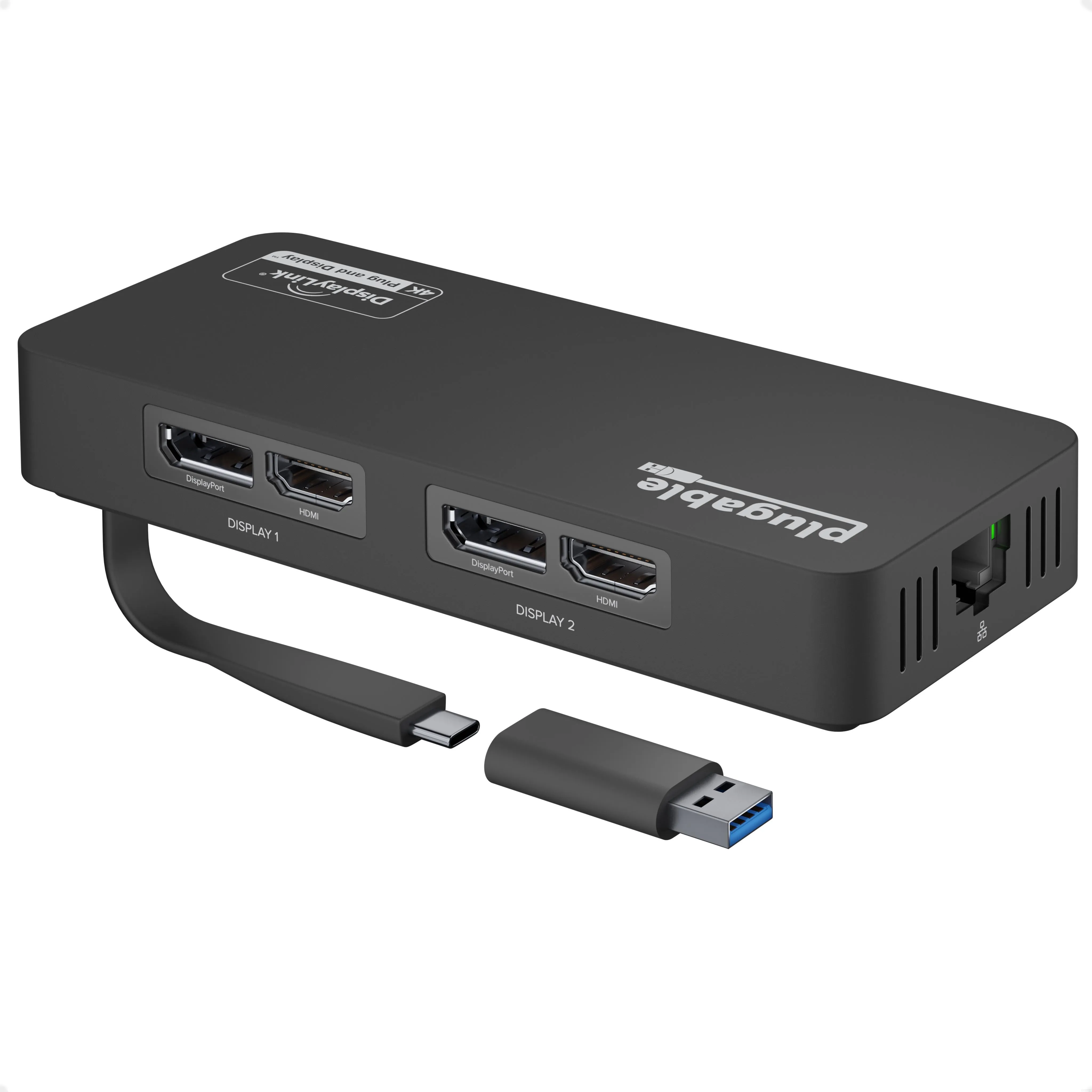 Plugable USB 3.0 and USB-C 4K DisplayPort and HDMI Dual Monitor Adapter with Ethernet