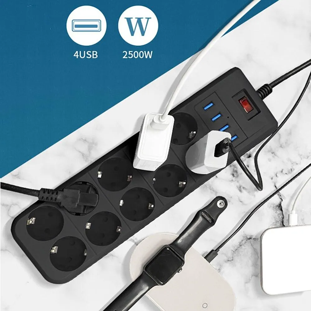 Power Strip 10 Way AC Outlets Plug Socket USB Charging Port 2m Extension Cord for Computer TV Smartphone Homekit Appliances