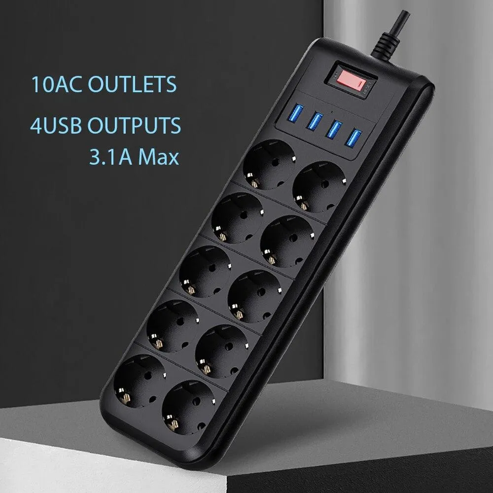 Power Strip 10 Way AC Outlets Plug Socket USB Charging Port 2m Extension Cord for Computer TV Smartphone Homekit Appliances