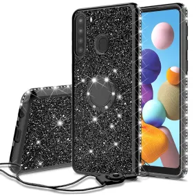 Samsung Galaxy A21 Case, Glitter Cute Phone Case Girls with Kickstand,Bling Diamond Rhinestone Bumper Ring Stand Sparkly Luxury Clear Thin Soft Protective Samsung Galaxy A21 Case for Girl Women - Black