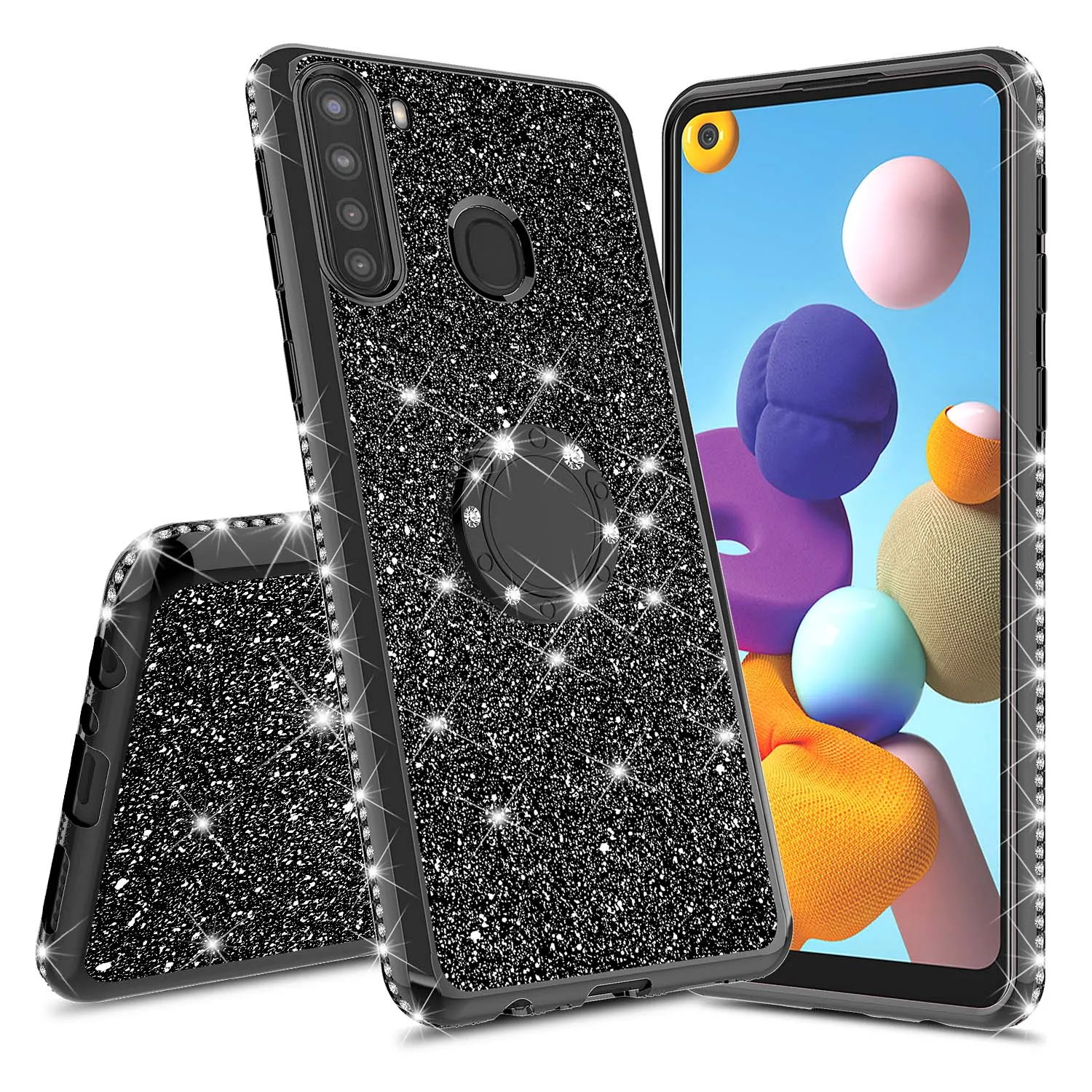 Samsung Galaxy A21 Case, Glitter Cute Phone Case Girls with Kickstand,Bling Diamond Rhinestone Bumper Ring Stand Sparkly Luxury Clear Thin Soft Protective Samsung Galaxy A21 Case for Girl Women - Black