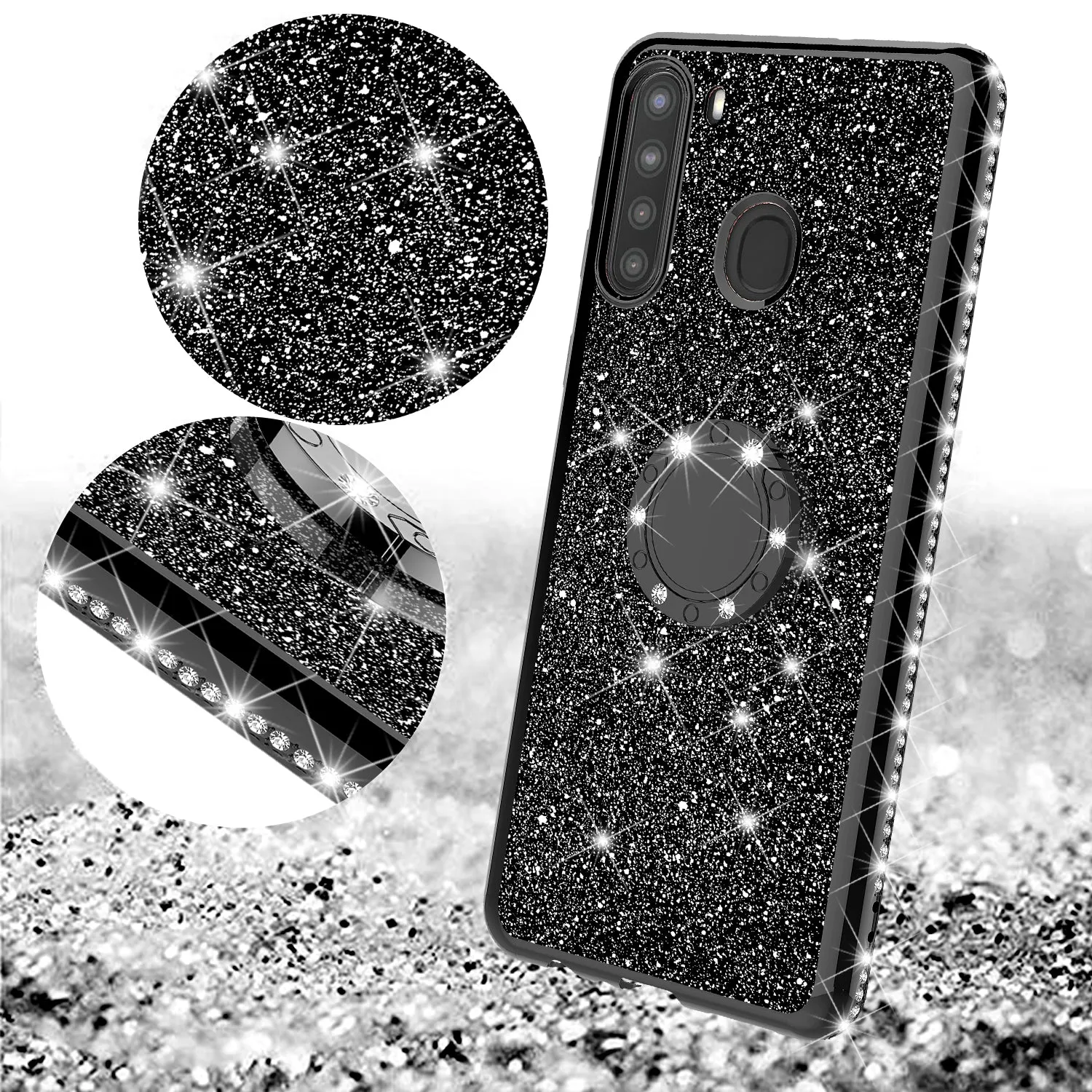 Samsung Galaxy A21 Case, Glitter Cute Phone Case Girls with Kickstand,Bling Diamond Rhinestone Bumper Ring Stand Sparkly Luxury Clear Thin Soft Protective Samsung Galaxy A21 Case for Girl Women - Black