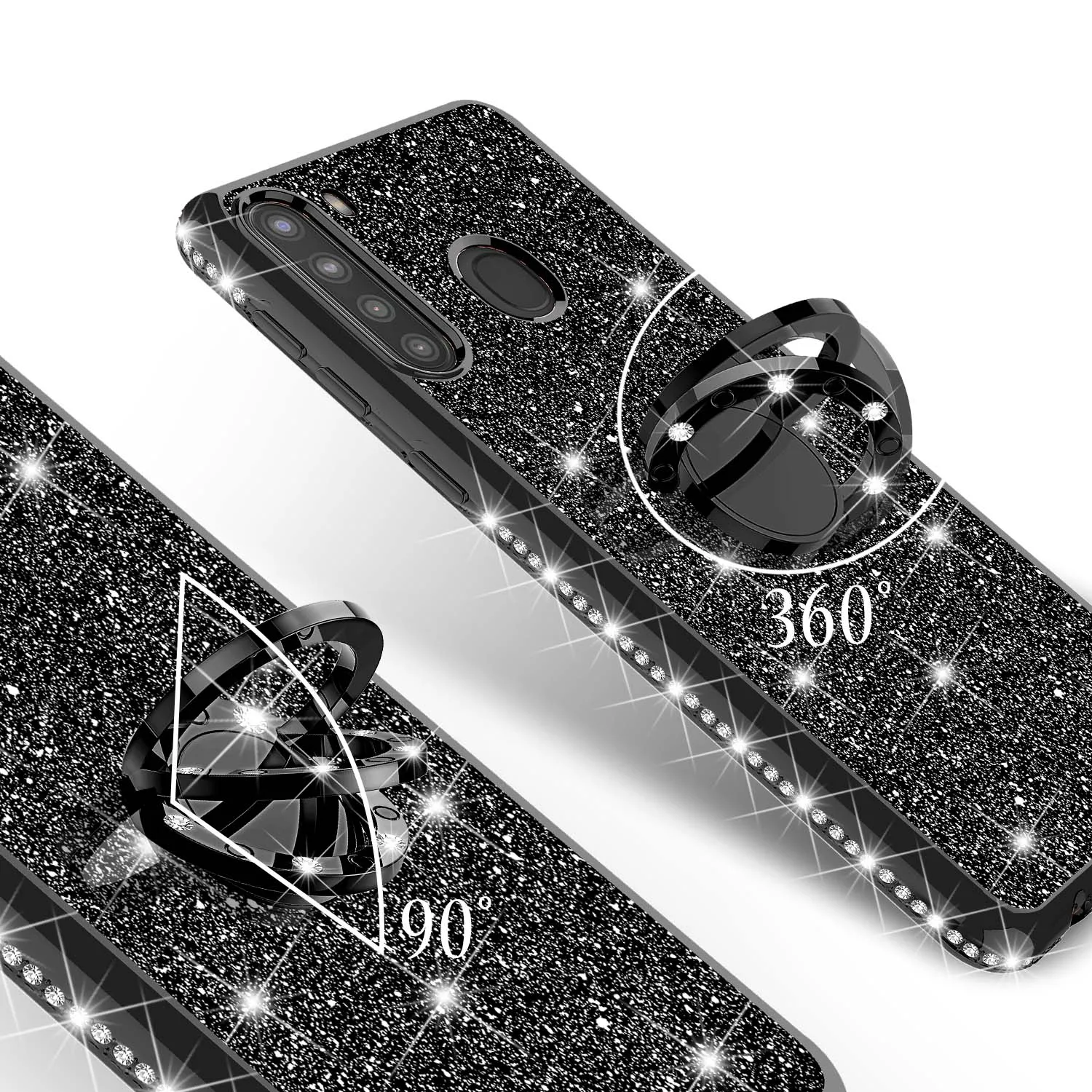 Samsung Galaxy A21 Case, Glitter Cute Phone Case Girls with Kickstand,Bling Diamond Rhinestone Bumper Ring Stand Sparkly Luxury Clear Thin Soft Protective Samsung Galaxy A21 Case for Girl Women - Black