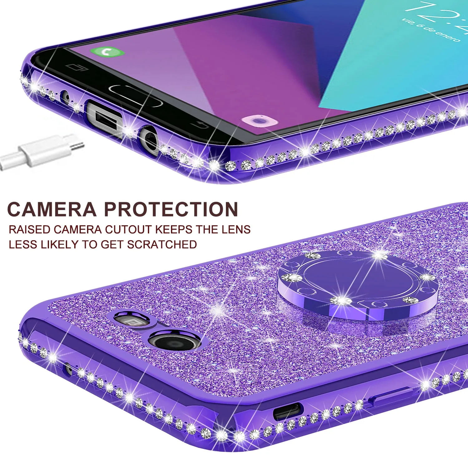 Samsung Galaxy J7 (2017) / J7 Sky Pro / J7 Perx / J7 V Case, Glitter Cute Phone Case Girls with Kickstand,Bling Diamond Rhinestone Bumper Ring Stand Sparkly Luxury Clear Thin Soft Protective Samsung Galaxy J7 (2017) Case for Girl Women - Purple