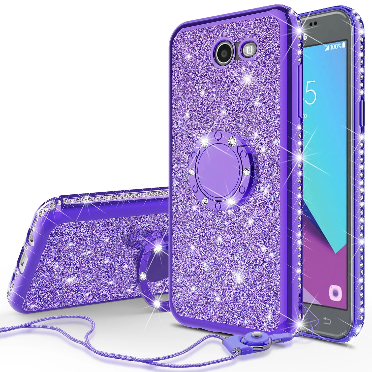 Samsung Galaxy J7 (2017) / J7 Sky Pro / J7 Perx / J7 V Case, Glitter Cute Phone Case Girls with Kickstand,Bling Diamond Rhinestone Bumper Ring Stand Sparkly Luxury Clear Thin Soft Protective Samsung Galaxy J7 (2017) Case for Girl Women - Purple