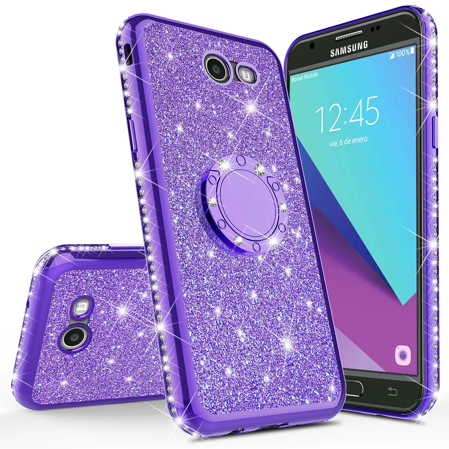 Samsung Galaxy J7 (2017) / J7 Sky Pro / J7 Perx / J7 V Case, Glitter Cute Phone Case Girls with Kickstand,Bling Diamond Rhinestone Bumper Ring Stand Sparkly Luxury Clear Thin Soft Protective Samsung Galaxy J7 (2017) Case for Girl Women - Purple