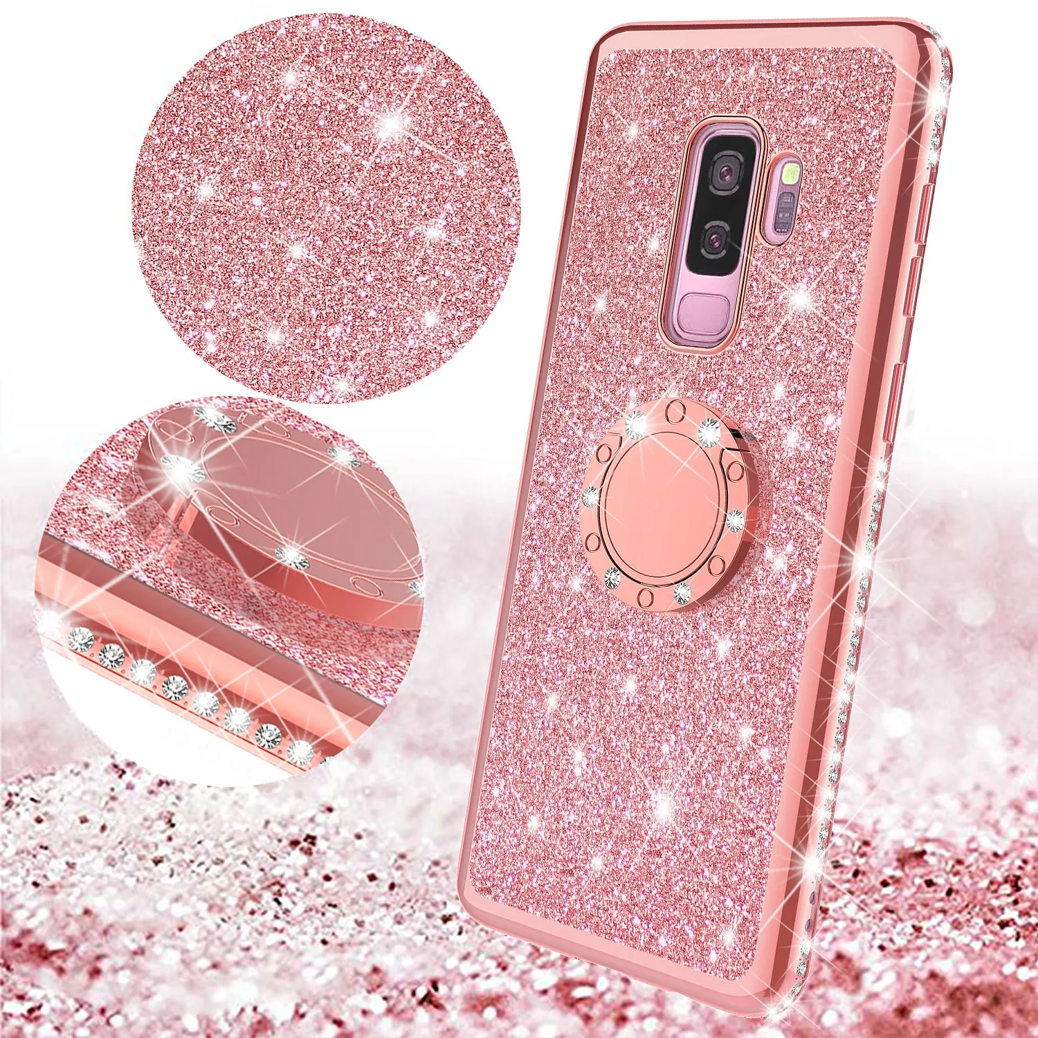 Samsung Galaxy S9 Plus Case, SM-G965U Case, Glitter Cute Phone Case Girls with Kickstand,Bling Diamond Rhinestone Bumper Ring Stand Sparkly Luxury Clear Thin Soft Protective Samsung Galaxy S9 Plus Case for Girl Women - Rose Gold