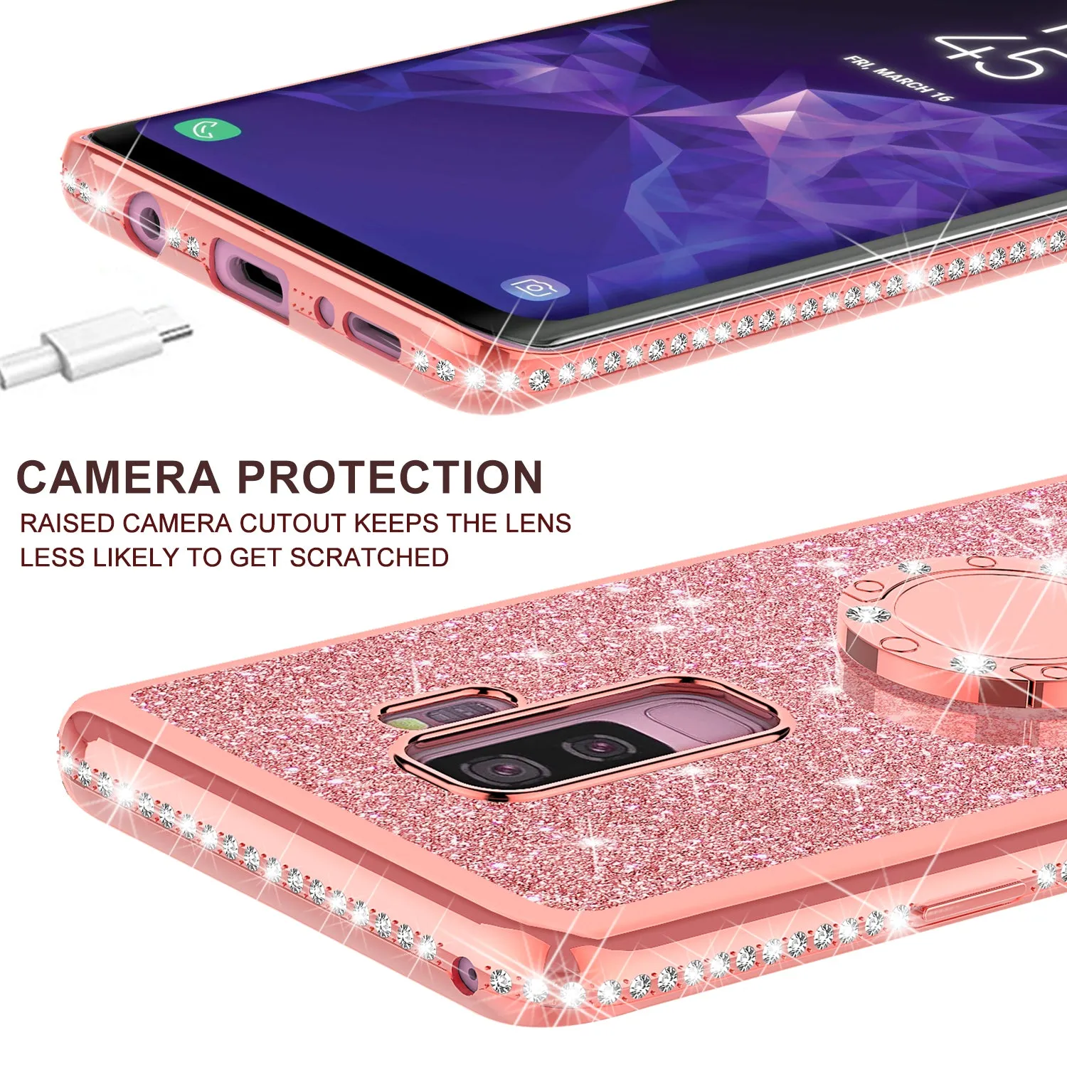 Samsung Galaxy S9 Plus Case, SM-G965U Case, Glitter Cute Phone Case Girls with Kickstand,Bling Diamond Rhinestone Bumper Ring Stand Sparkly Luxury Clear Thin Soft Protective Samsung Galaxy S9 Plus Case for Girl Women - Rose Gold