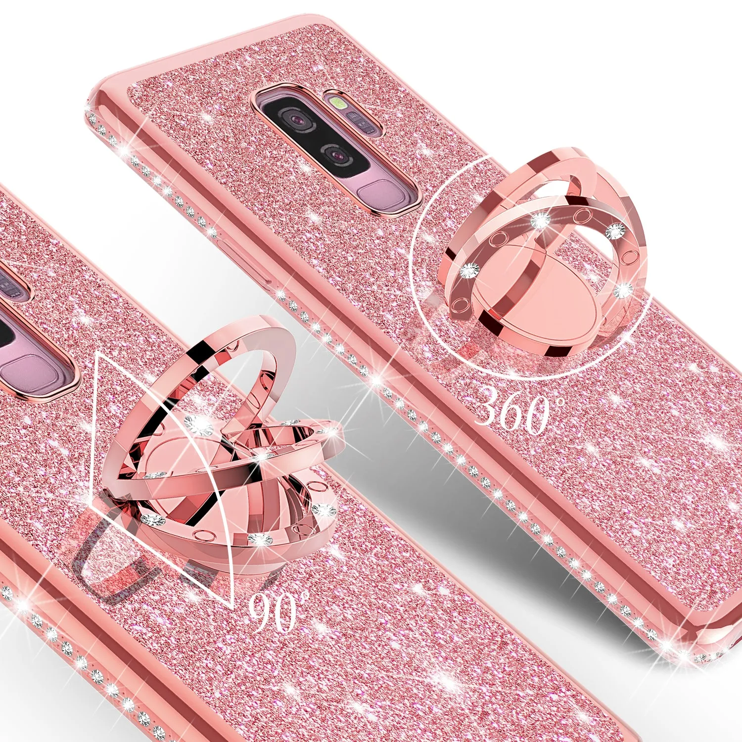 Samsung Galaxy S9 Plus Case, SM-G965U Case, Glitter Cute Phone Case Girls with Kickstand,Bling Diamond Rhinestone Bumper Ring Stand Sparkly Luxury Clear Thin Soft Protective Samsung Galaxy S9 Plus Case for Girl Women - Rose Gold