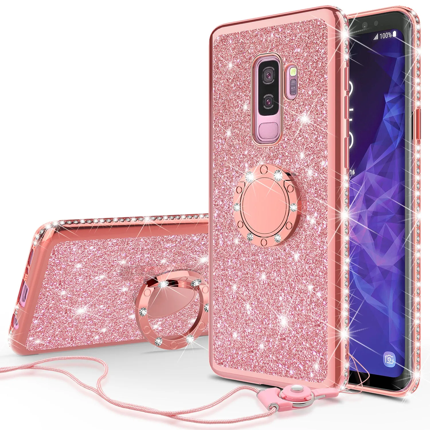 Samsung Galaxy S9 Plus Case, SM-G965U Case, Glitter Cute Phone Case Girls with Kickstand,Bling Diamond Rhinestone Bumper Ring Stand Sparkly Luxury Clear Thin Soft Protective Samsung Galaxy S9 Plus Case for Girl Women - Rose Gold