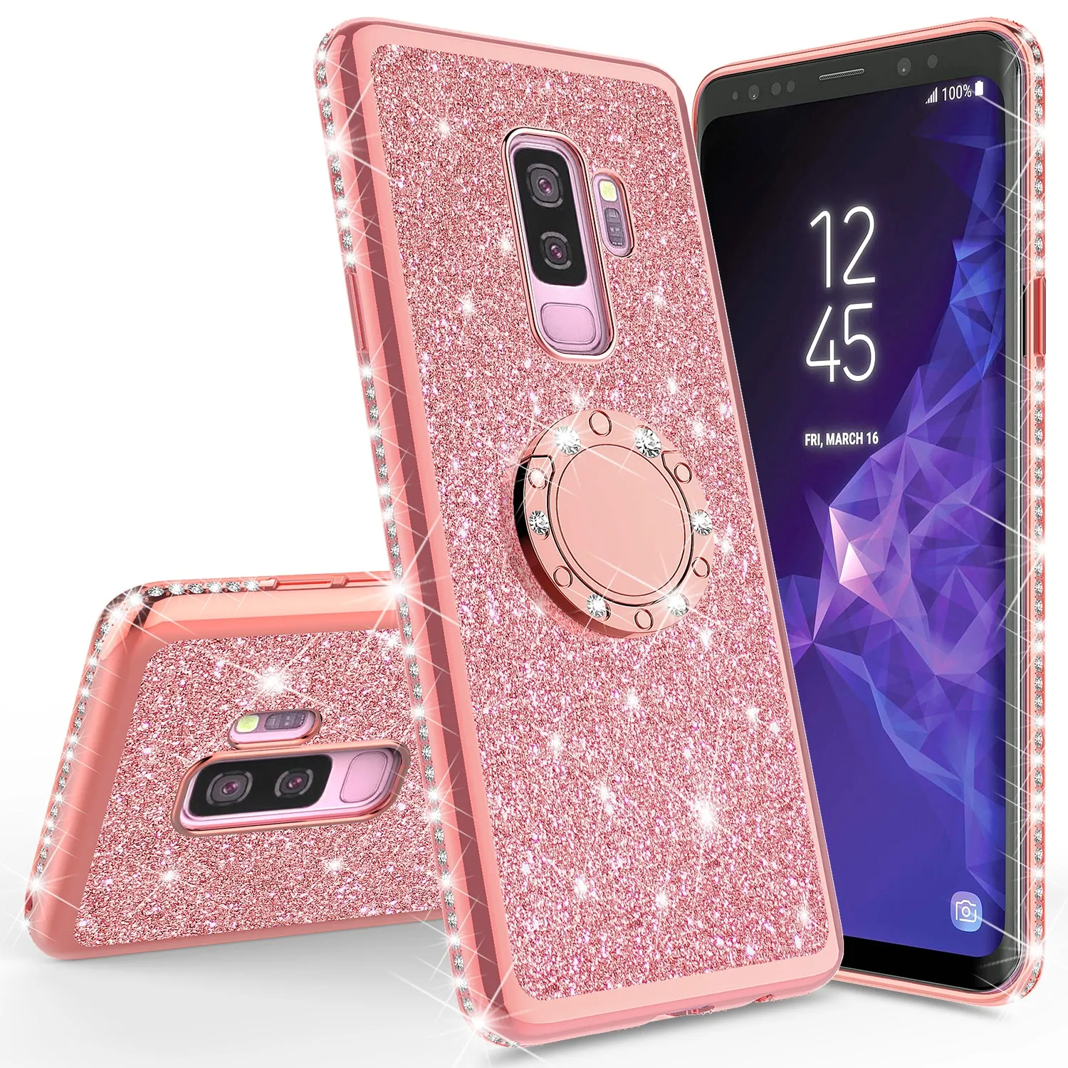 Samsung Galaxy S9 Plus Case, SM-G965U Case, Glitter Cute Phone Case Girls with Kickstand,Bling Diamond Rhinestone Bumper Ring Stand Sparkly Luxury Clear Thin Soft Protective Samsung Galaxy S9 Plus Case for Girl Women - Rose Gold