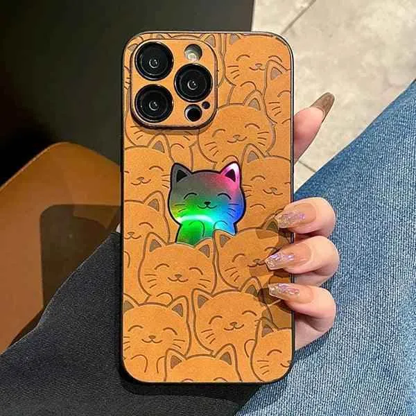 SCCPC1019 Cute Phone Case for iPhone 15, 13, 12, 14, 11 Pro Max, 14, 15 Plus - Leather Laser Full Cat Pattern