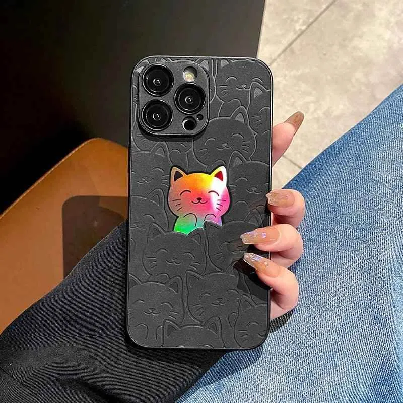 SCCPC1019 Cute Phone Case for iPhone 15, 13, 12, 14, 11 Pro Max, 14, 15 Plus - Leather Laser Full Cat Pattern