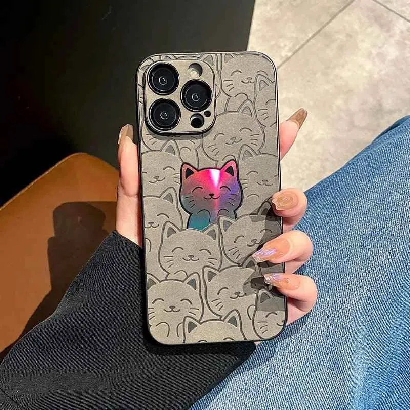 SCCPC1019 Cute Phone Case for iPhone 15, 13, 12, 14, 11 Pro Max, 14, 15 Plus - Leather Laser Full Cat Pattern