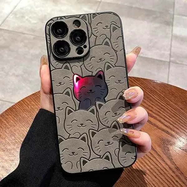 SCCPC1019 Cute Phone Case for iPhone 15, 13, 12, 14, 11 Pro Max, 14, 15 Plus - Leather Laser Full Cat Pattern