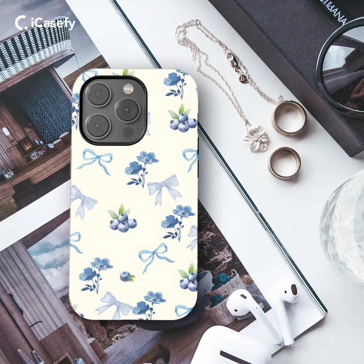 Seamless Blue Blueberry Coquette Bow Phone Case iPhone Samsung Cover Pixel 1014