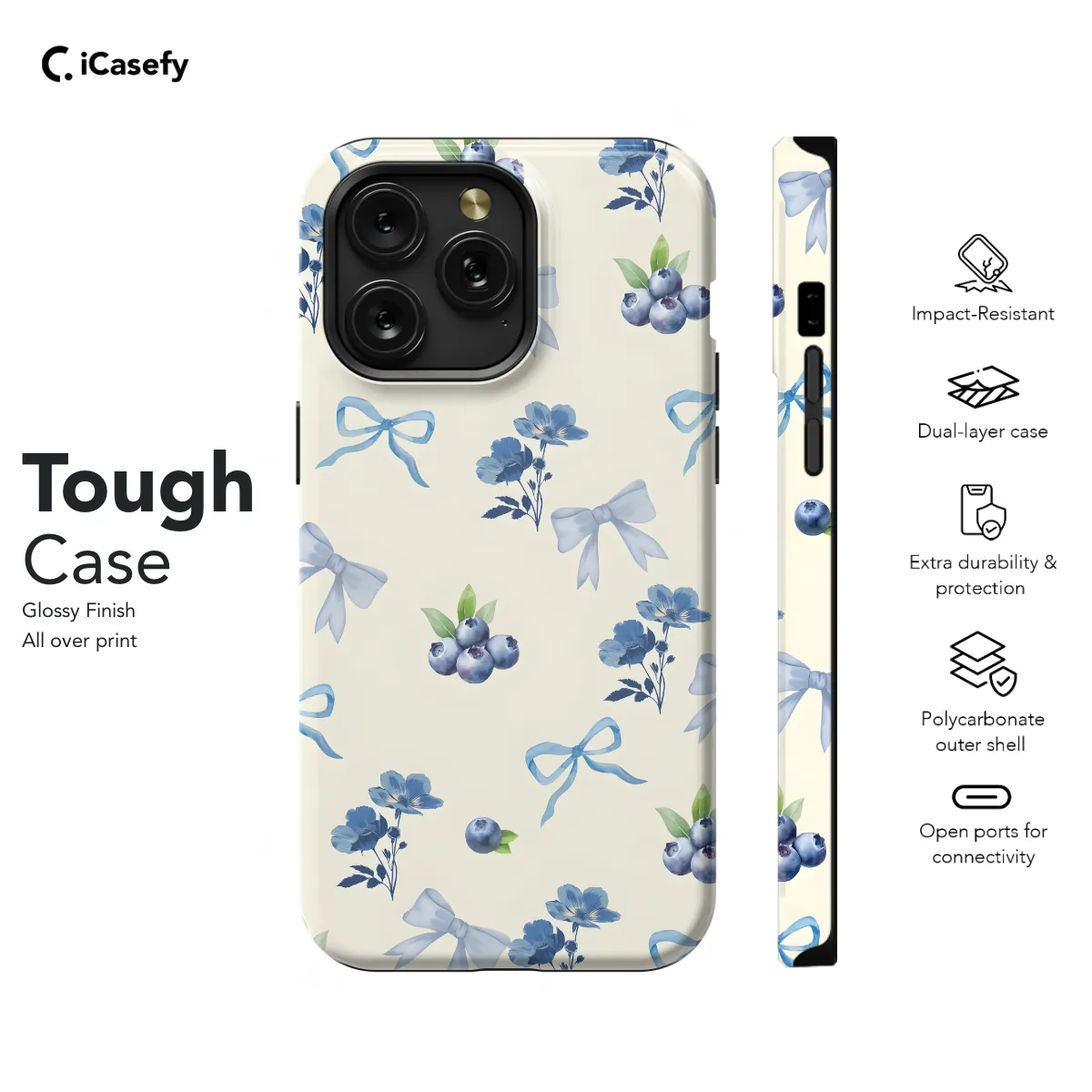 Seamless Blue Blueberry Coquette Bow Phone Case iPhone Samsung Cover Pixel 1014