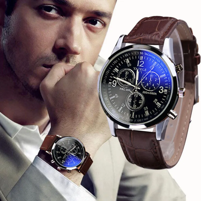 Splendid Luxury Fashion Faux Leather Men Blue Ray Glass Quartz Analog Watches Casua Cool Watch Sinobi Men Watches