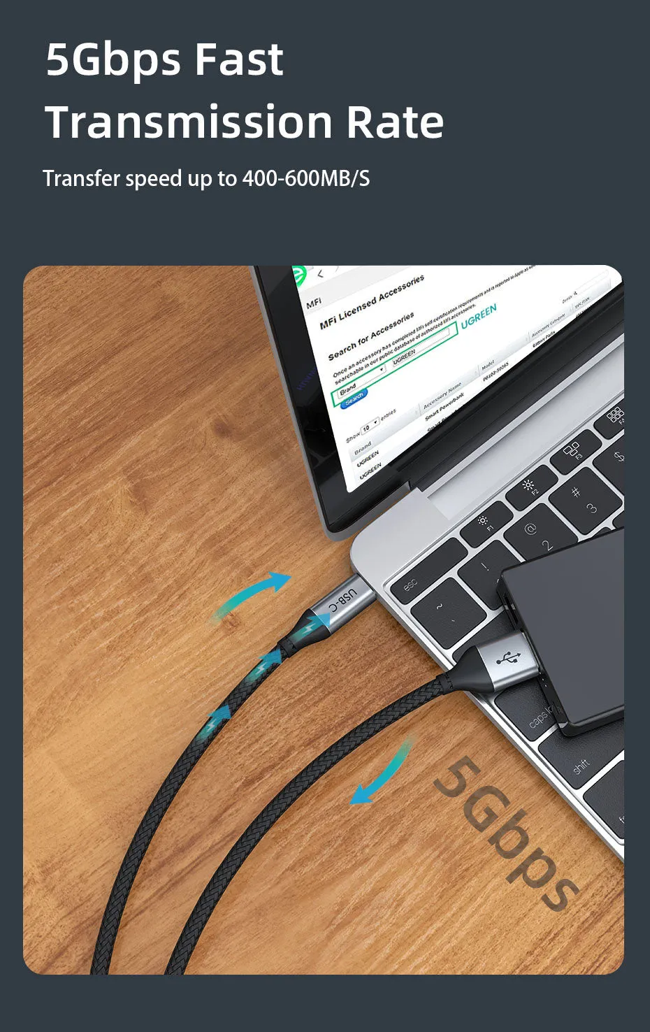 Superspeed 5Gbps USB 3.0 A to USB C Charge Cable 3m