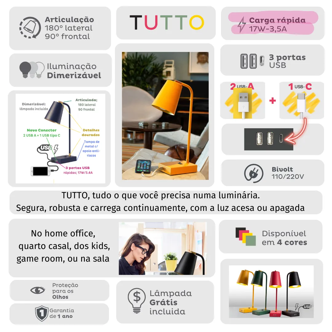 TUTTO USB | 3 portas 17W | 1C   2A | Dimmer, Articulada e Lâmpada