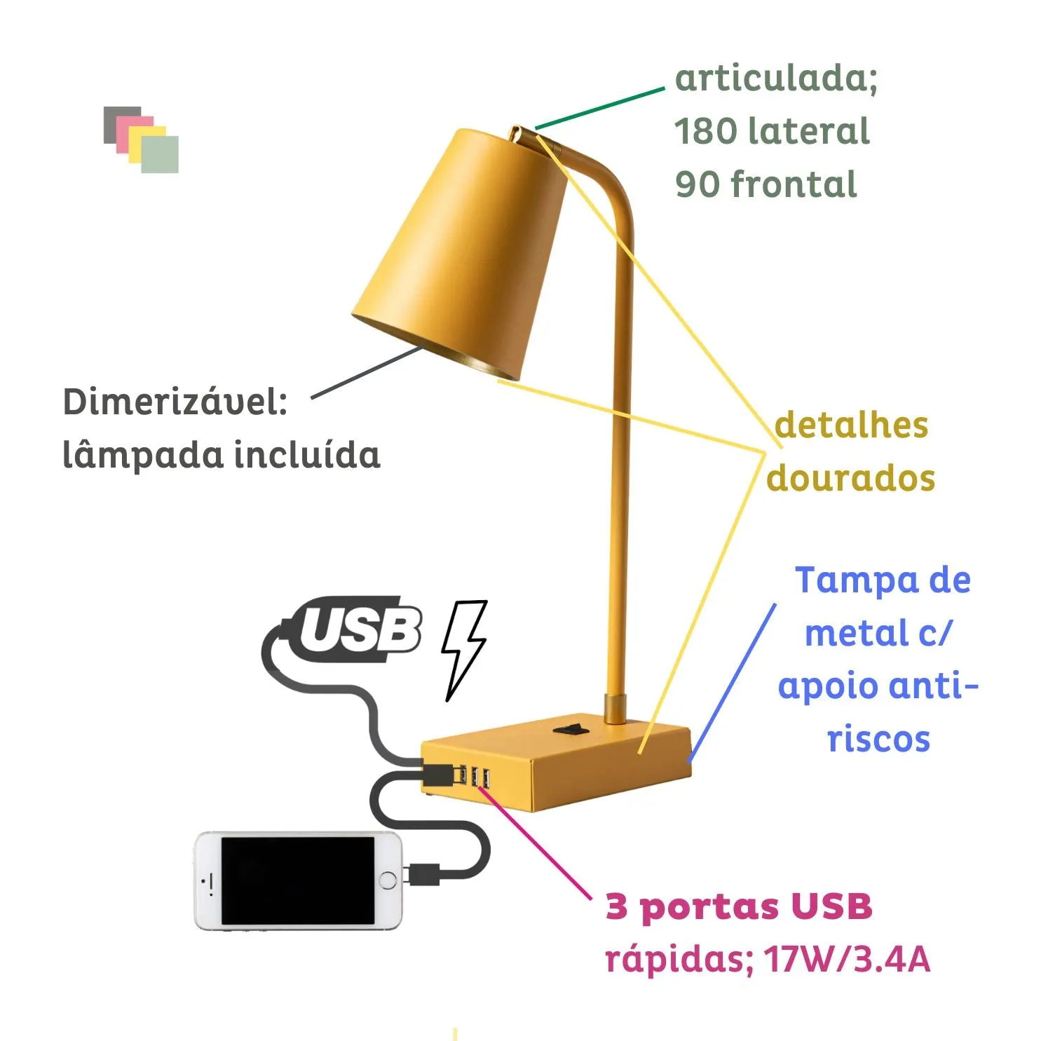 TUTTO USB | 3 portas 17W | 1C   2A | Dimmer, Articulada e Lâmpada