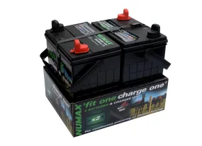 Two pack 12v 35Ah leisure batteries with 4 amp battery charger