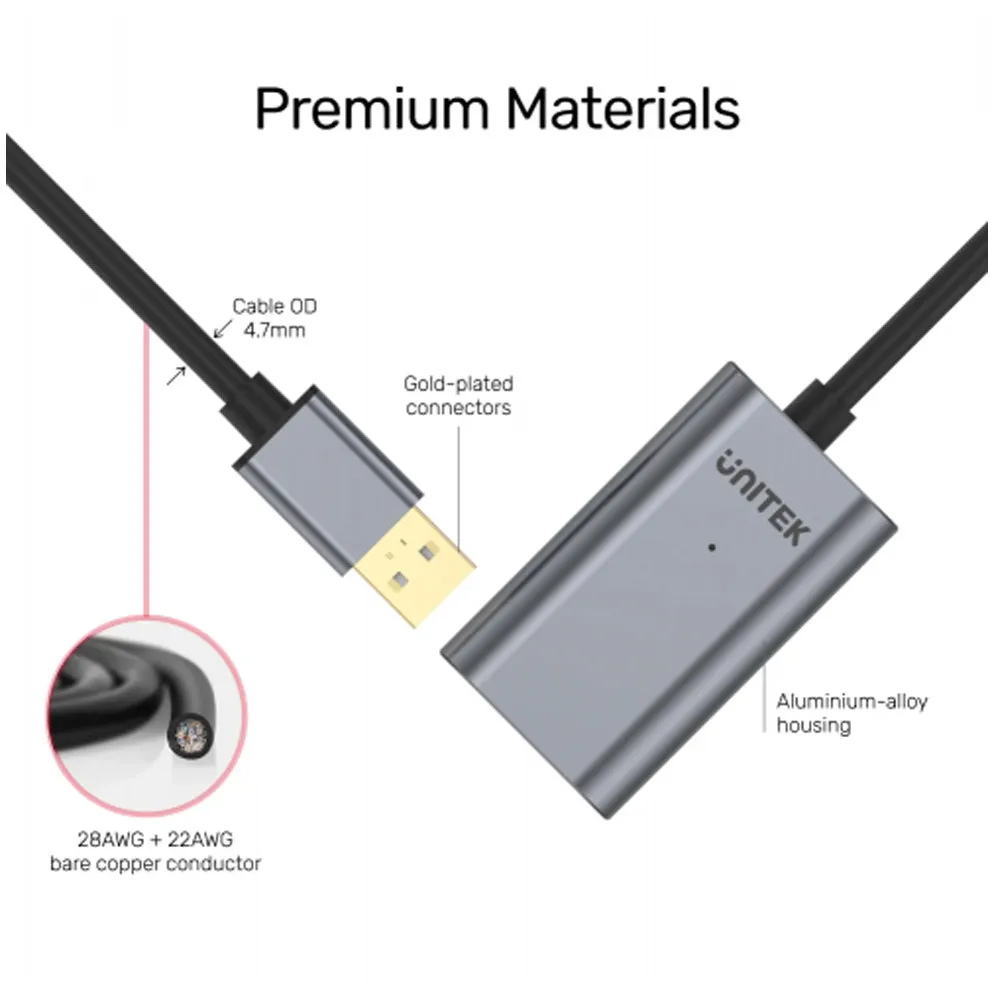 Unitek Y-274 USB2.0 USB-A Male to USB-A Female Active Extension Cable 20m