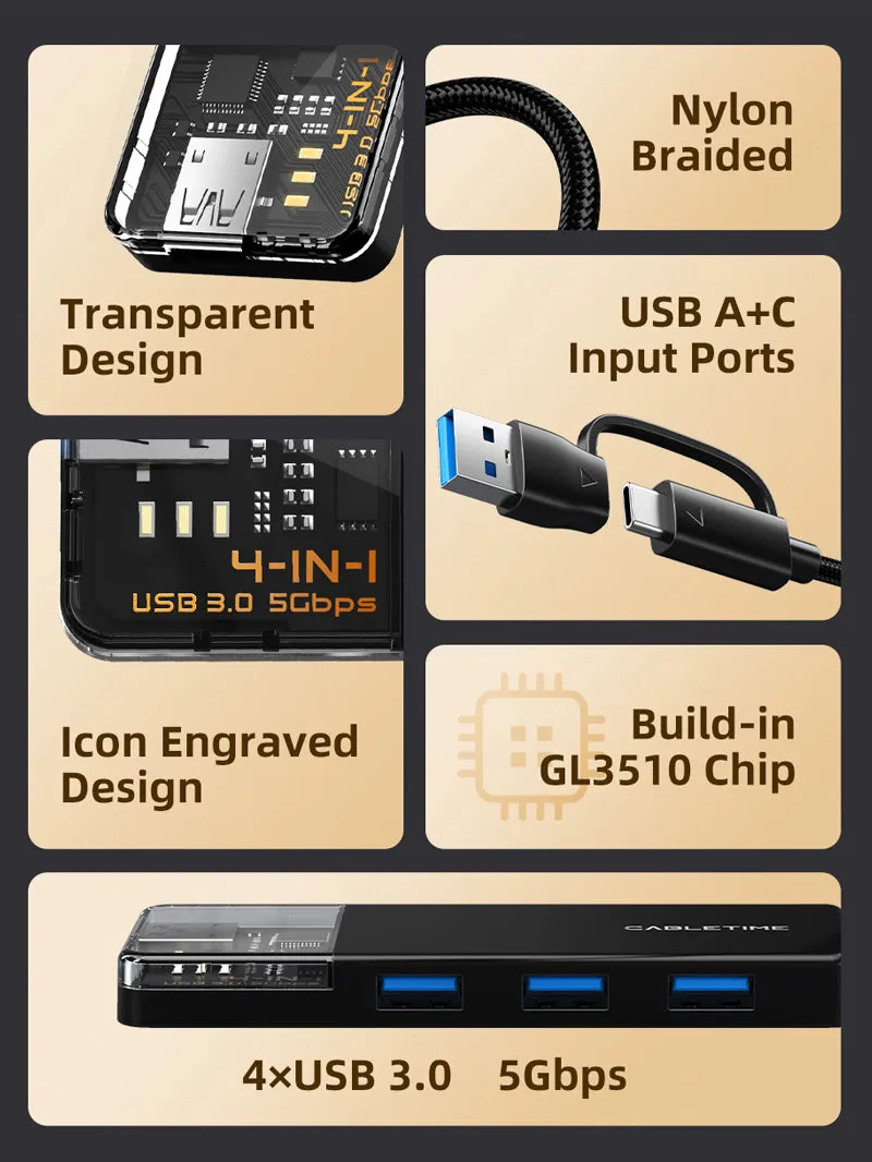 USB type C to 4 port USB 3.0 Hub 5Gbps for Mac with Type C to USB Adapter