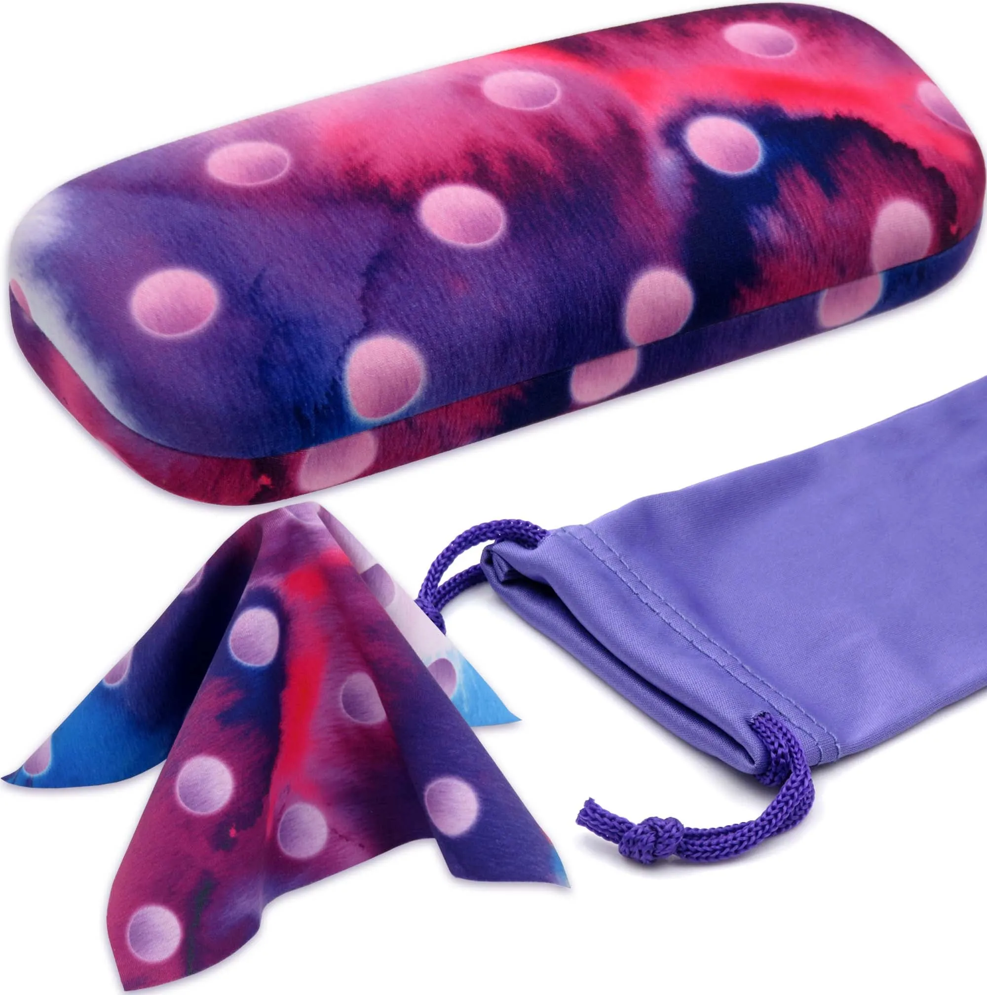 Women hard eyeglass case - Glasses Holder Case w/Pouch & Cloth Medium size Frame (AS126 Polka Dot Purple)