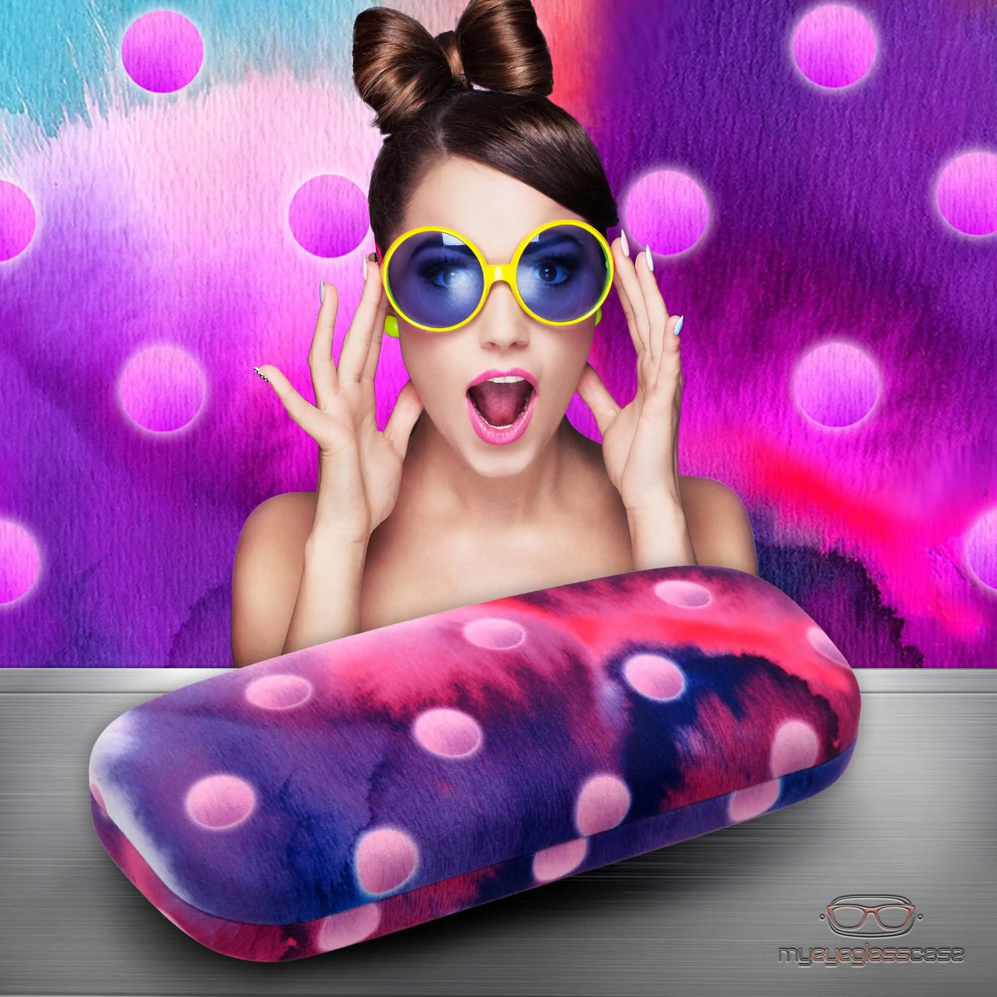 Women hard eyeglass case - Glasses Holder Case w/Pouch & Cloth Medium size Frame (AS126 Polka Dot Purple)