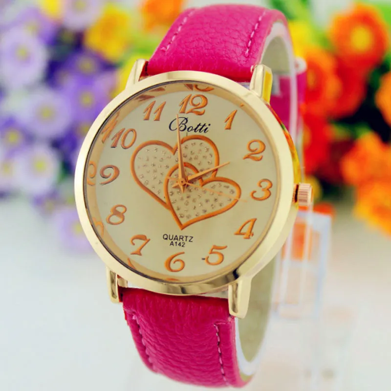 Women Numerals Faux Leather Band Analog Quartz Wrist Watch New Romantic Double Heart Fashion Watches