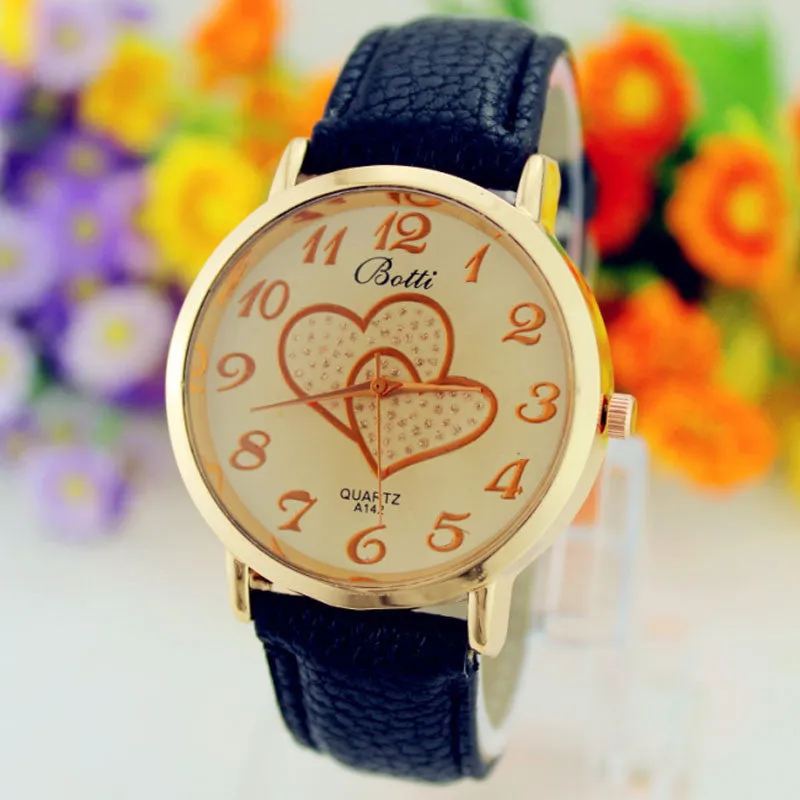 Women Numerals Faux Leather Band Analog Quartz Wrist Watch New Romantic Double Heart Fashion Watches