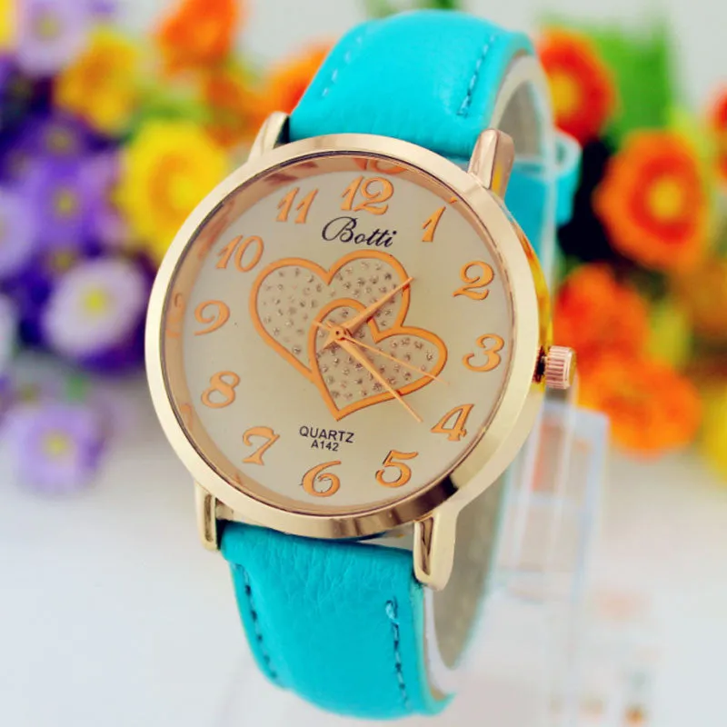 Women Numerals Faux Leather Band Analog Quartz Wrist Watch New Romantic Double Heart Fashion Watches