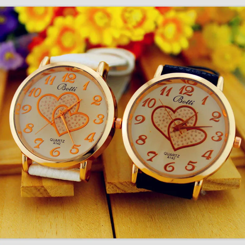 Women Numerals Faux Leather Band Analog Quartz Wrist Watch New Romantic Double Heart Fashion Watches