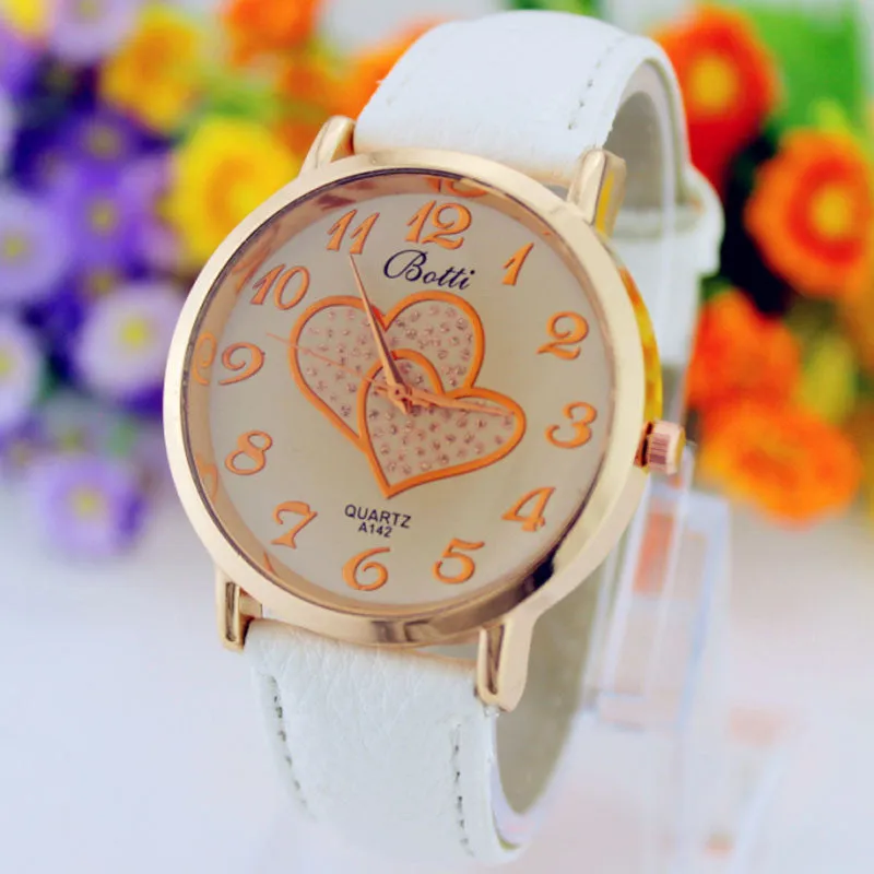 Women Numerals Faux Leather Band Analog Quartz Wrist Watch New Romantic Double Heart Fashion Watches