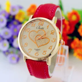 Women Numerals Faux Leather Band Analog Quartz Wrist Watch New Romantic Double Heart Fashion Watches