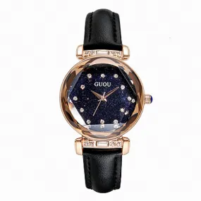 Women's Watch Full of Shining Stars Pattern large dial leather strap elegant watch