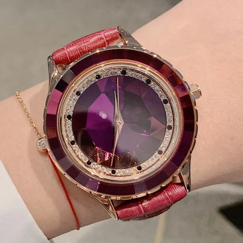 Women's Watch Irregular Mirror purple large dial Leather Strap elegant watch