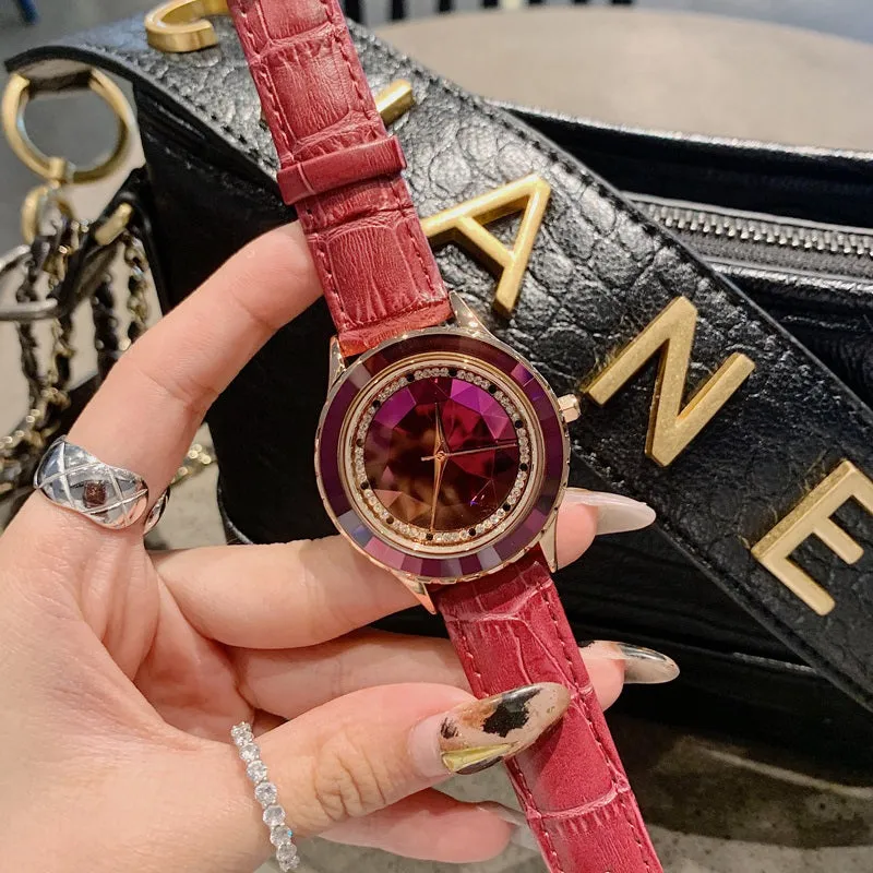 Women's Watch Irregular Mirror purple large dial Leather Strap elegant watch