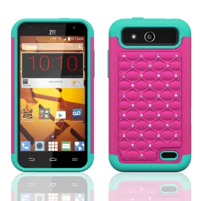 ZTE Speed Rhinestone Case , Slim Hybrid Dual Layer[Shock Resistant] Crystal Rhinestone Studded Case Cover - Hot Pink/Teal