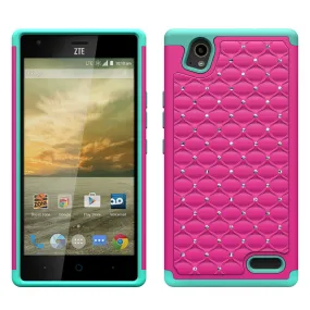 ZTE Warp Elite | ZTE N9158 Rhinestone Case , Slim Hybrid Dual Layer[Shock Resistant] Crystal Rhinestone Studded Case Cover - Hot Pink/Teal